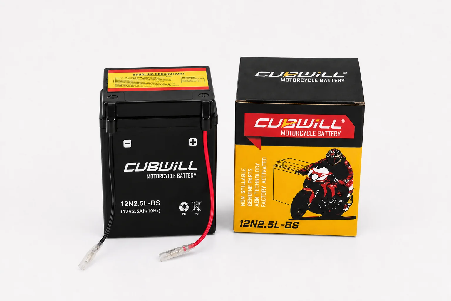 CUBWILL 12N2.5L-BS AGM motorcycle battery with packaging