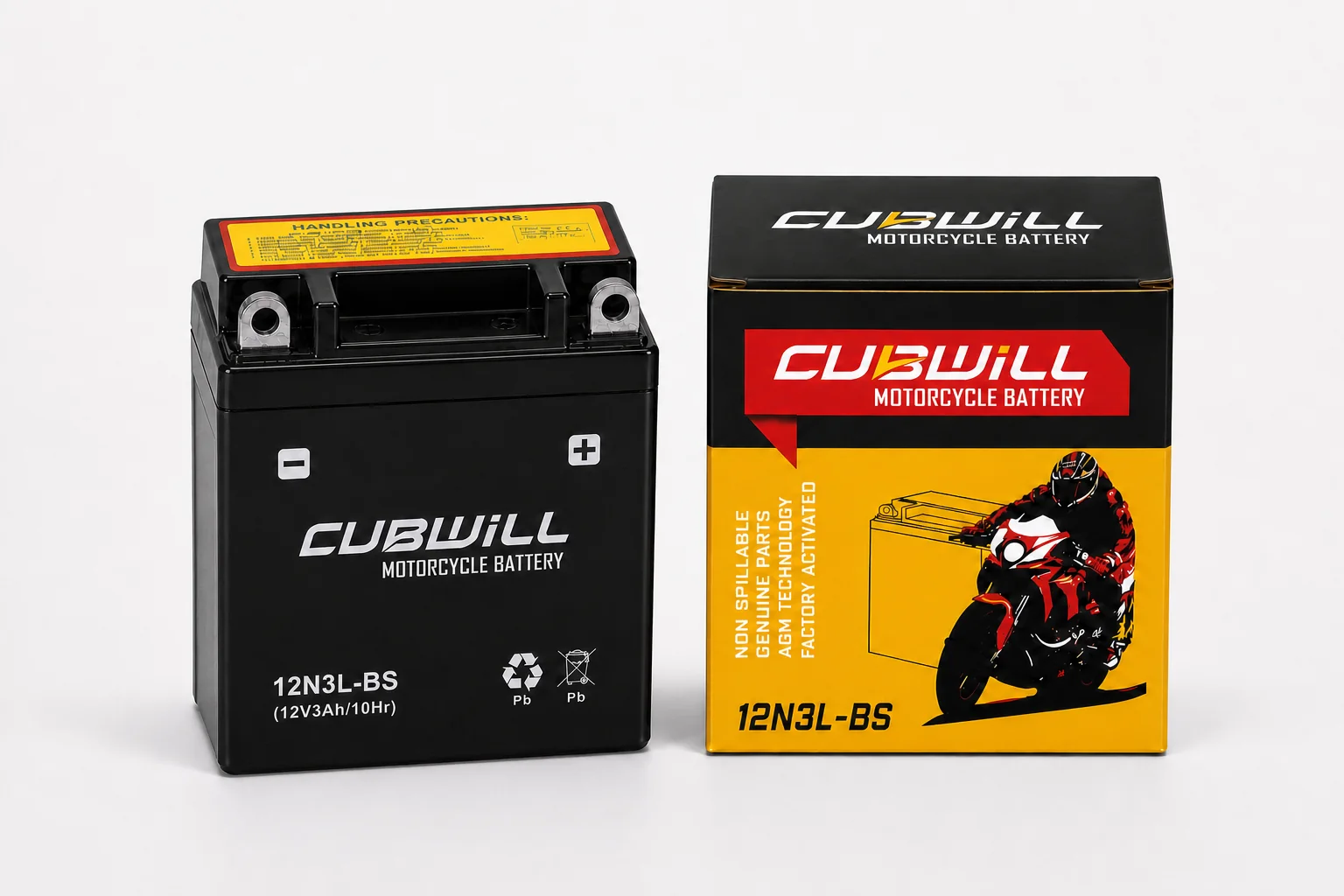 CUBWILL 12N3L-BS AGM motorcycle battery with packaging