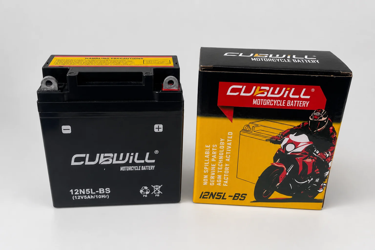 CUBWILL 12N5L-BS AGM motorcycle battery with retail packaging