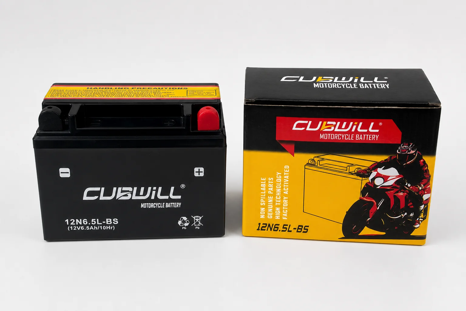 CUBWILL 12N6.5L-BS AGM motorcycle battery with retail packaging