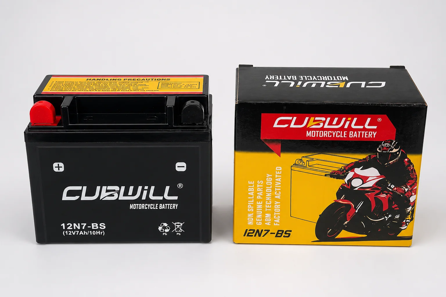 CUBWILL 12N7-BS AGM motorcycle battery with retail packaging