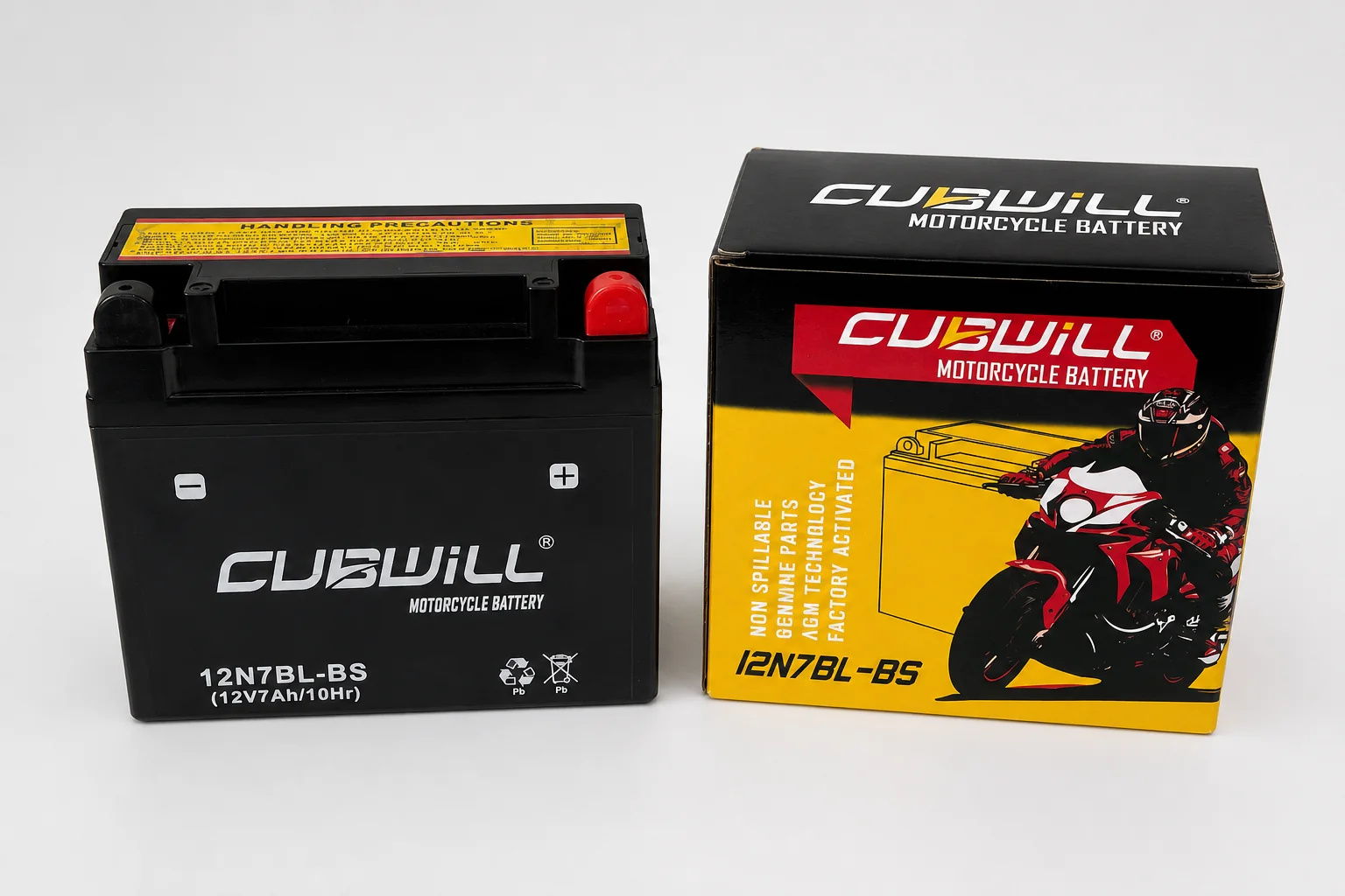 CUBWILL 12N7BL-BS AGM motorcycle battery with retail packaging