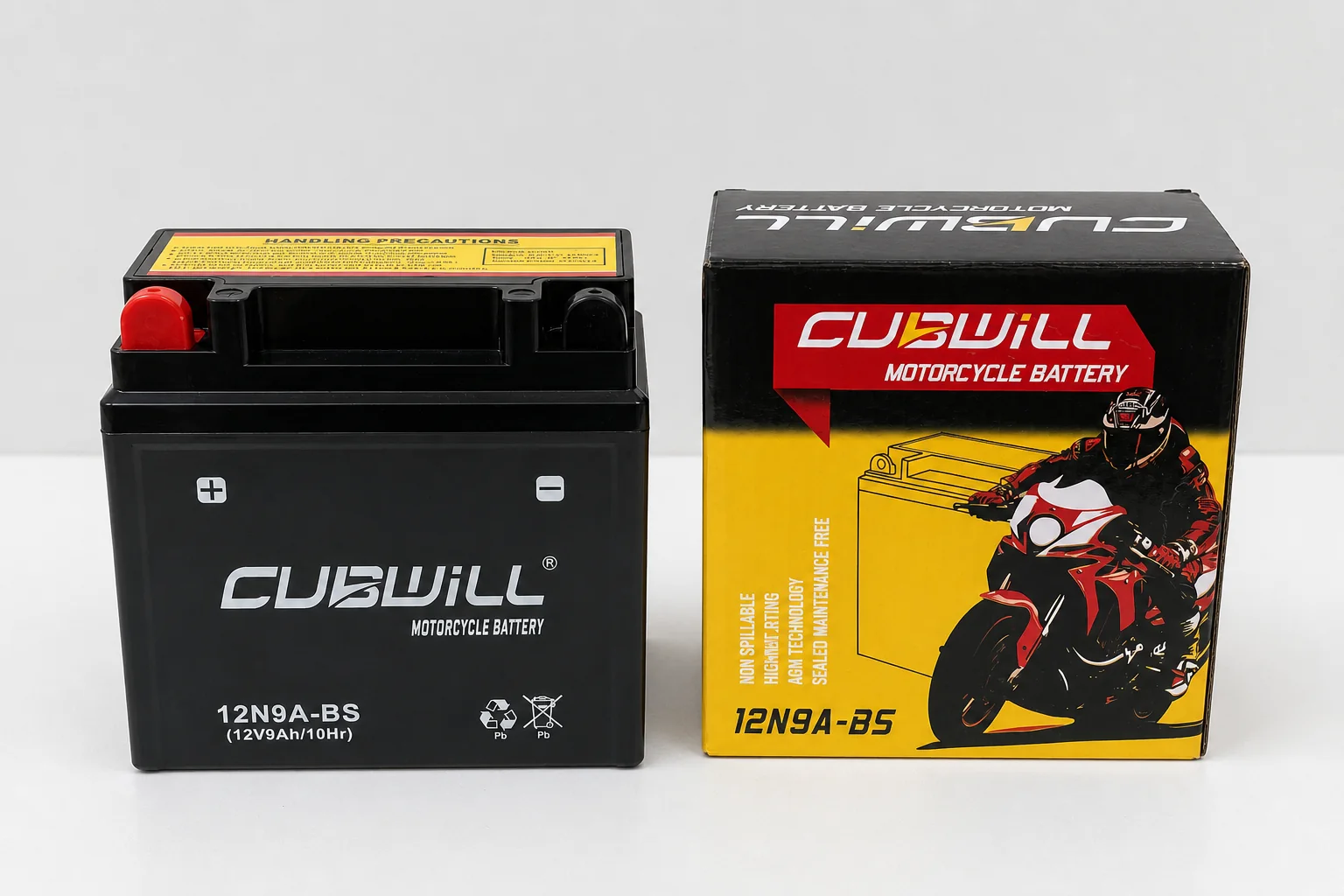 CUBWILL 12N9A-BS AGM motorcycle battery with packaging