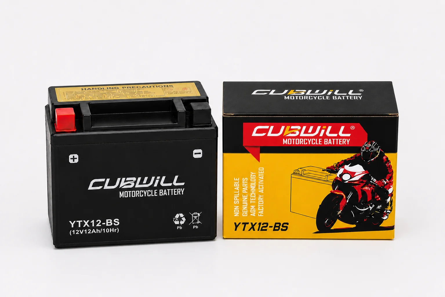 CUBWILL YTX12-BS AGM motorcycle battery with packaging