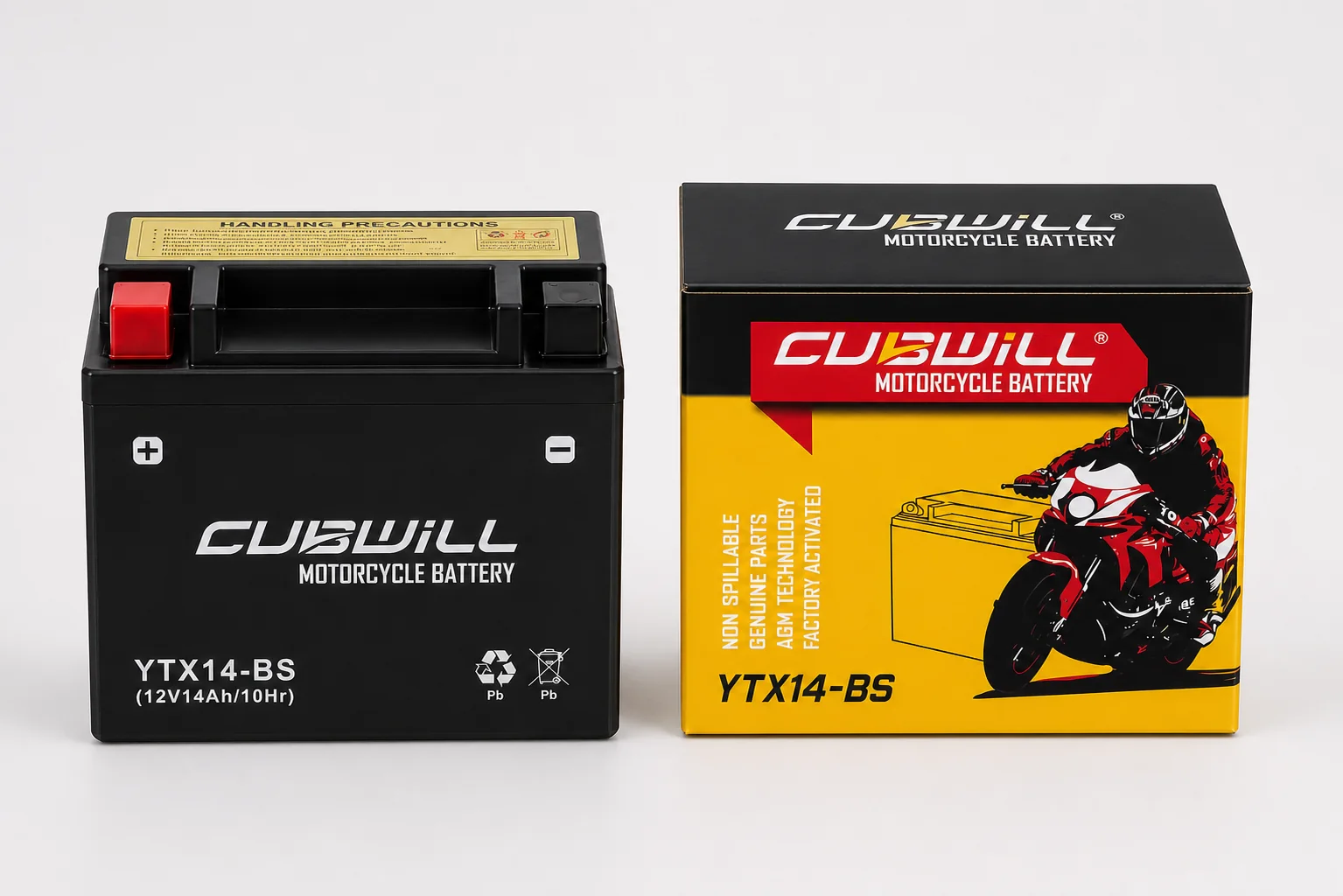 CUBWILL YTX14-BS AGM motorcycle battery with packaging