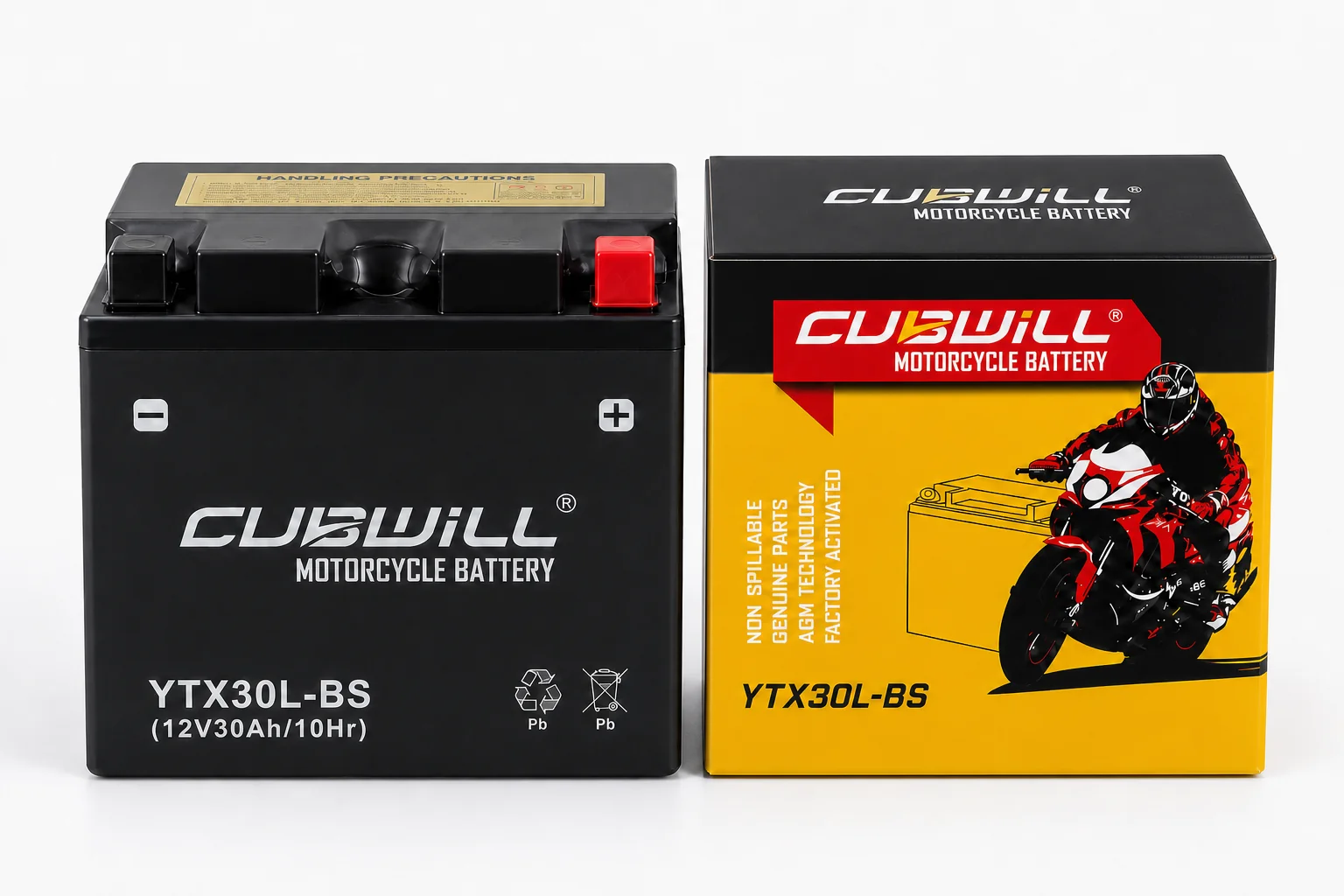 CUBWILL YTX30L-BS AGM motorcycle battery with packaging