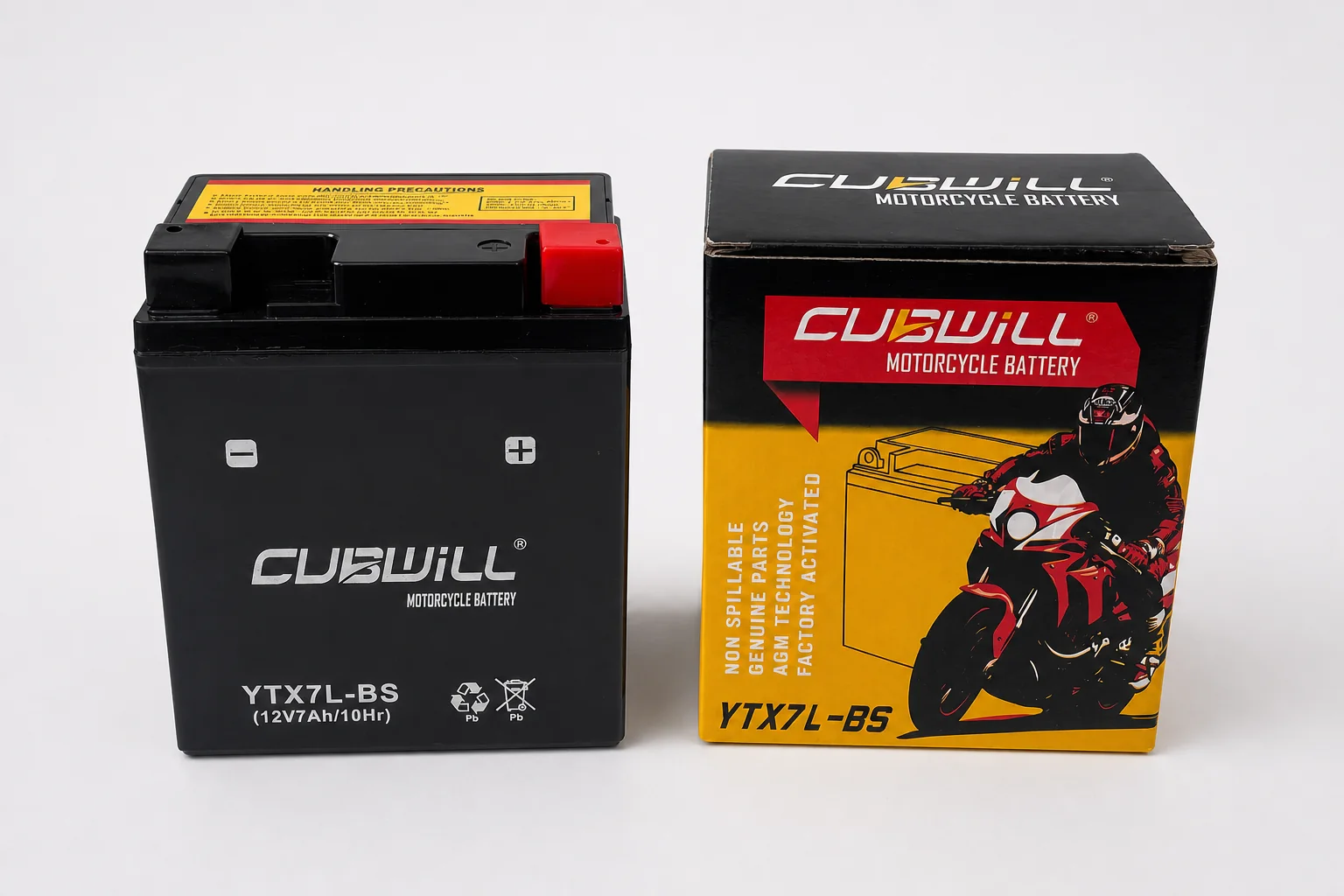CUBWILL YTX7L-BS AGM motorcycle battery with retail packaging
