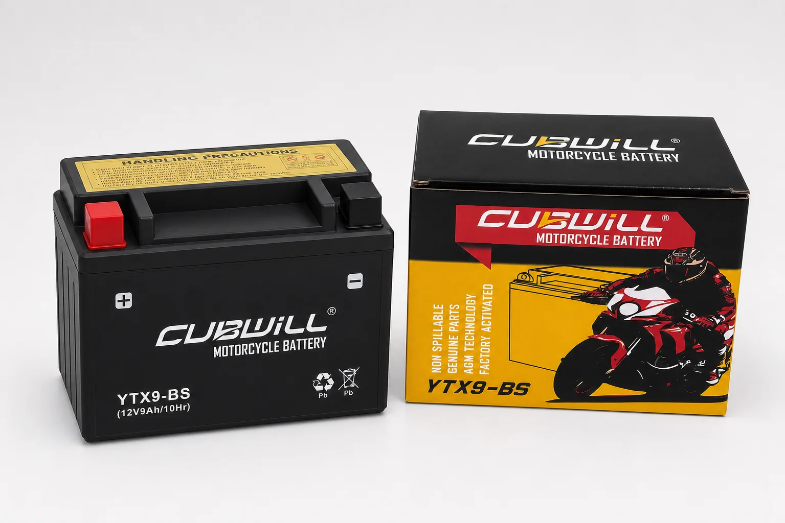 CUBWILL YTX9-BS AGM motorcycle battery with packaging