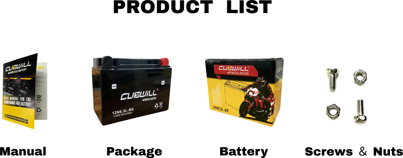 CUBWILL AGM motorcycle battery package with manual, battery, screws and nuts